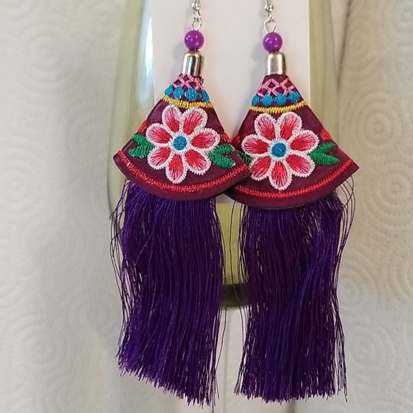 Jewelry - Purple embroidered long tassel earrings